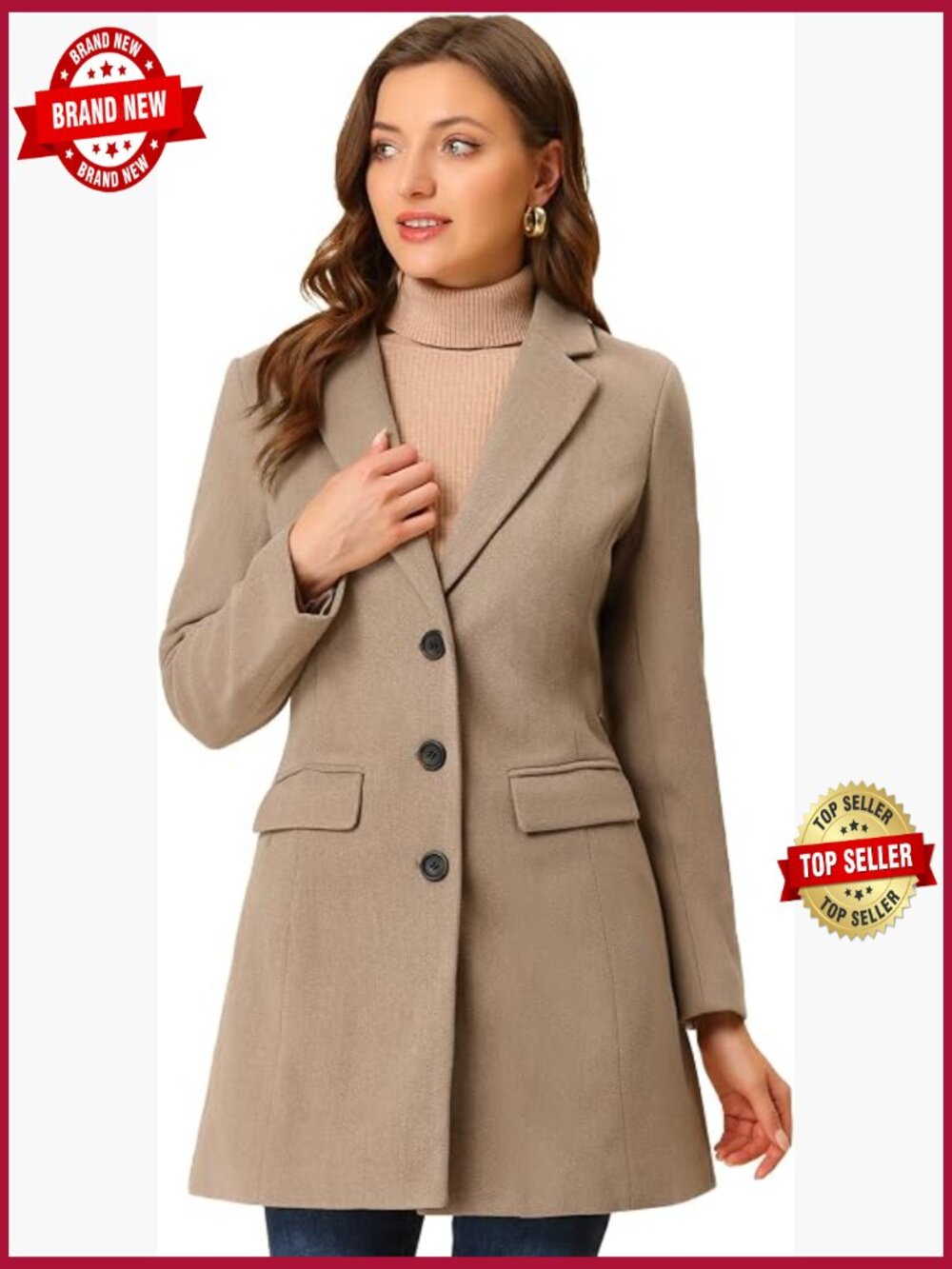 Long Wool Blend Pea Coat Notched Lapel Button Front Winter Outerwear